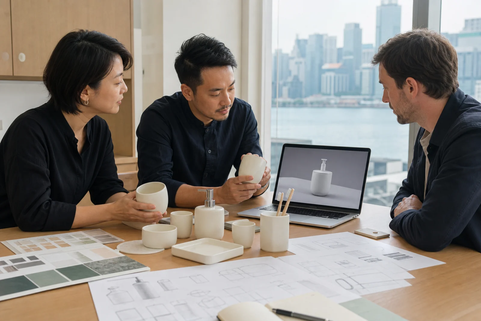 Temporary visualization of an international project team reviewing porcelain development requirements