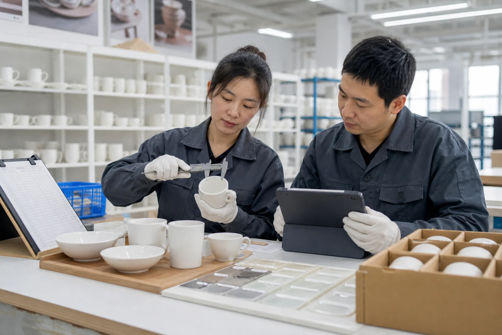 Temporary visualization of ceramic quality inspectors checking porcelain dimensions and recording results