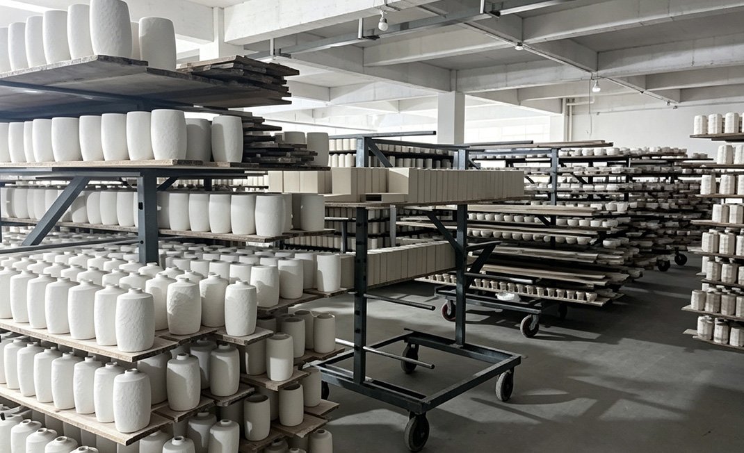 Harvey Ceramic molding workshop with ceramic pieces on production racks