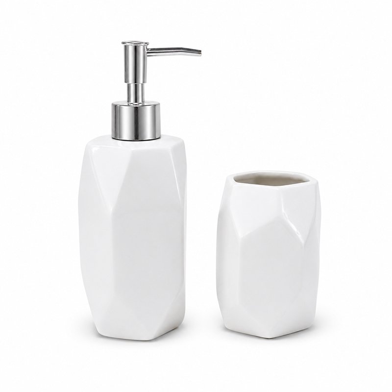 Geometric porcelain dispenser and bath tumbler