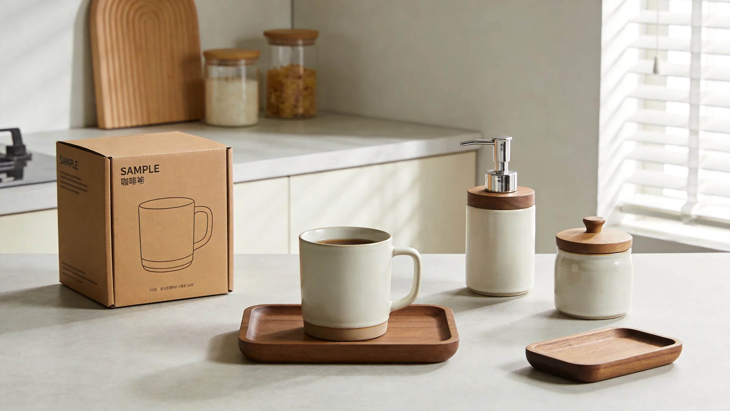 Coordinated porcelain objects and packaging on a hospitality counter