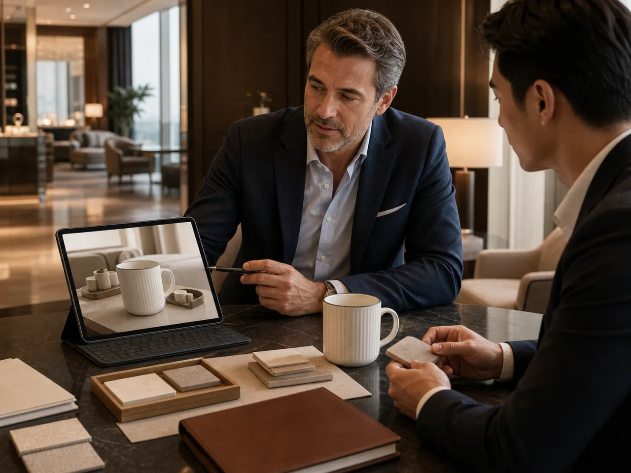 A hotel manager in business attire reviews requirements and a customized porcelain visualization in a hotel meeting space