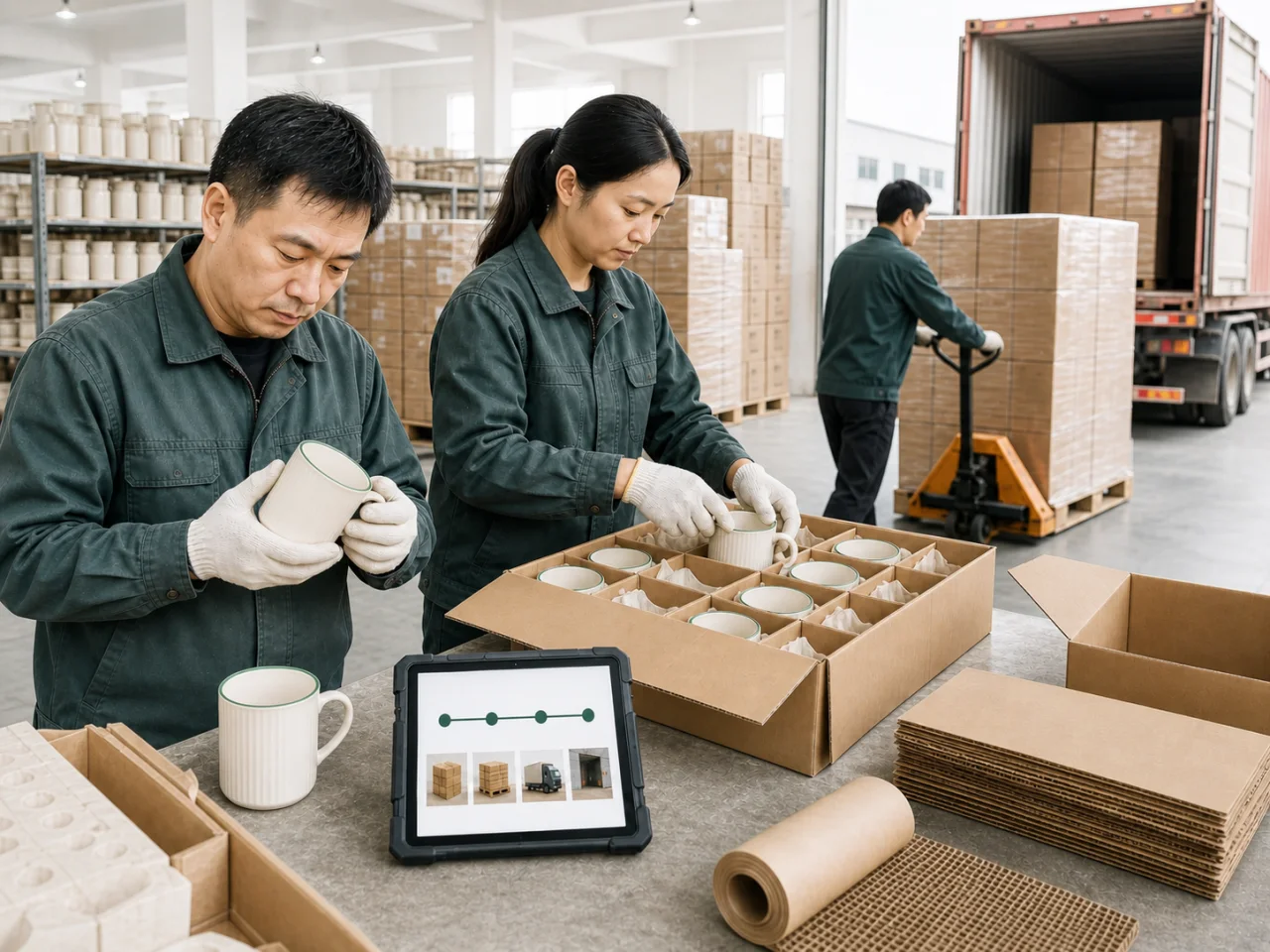 Factory workers in coordinated work uniforms inspect, protect, pack, and dispatch finished porcelain in a bright packing area