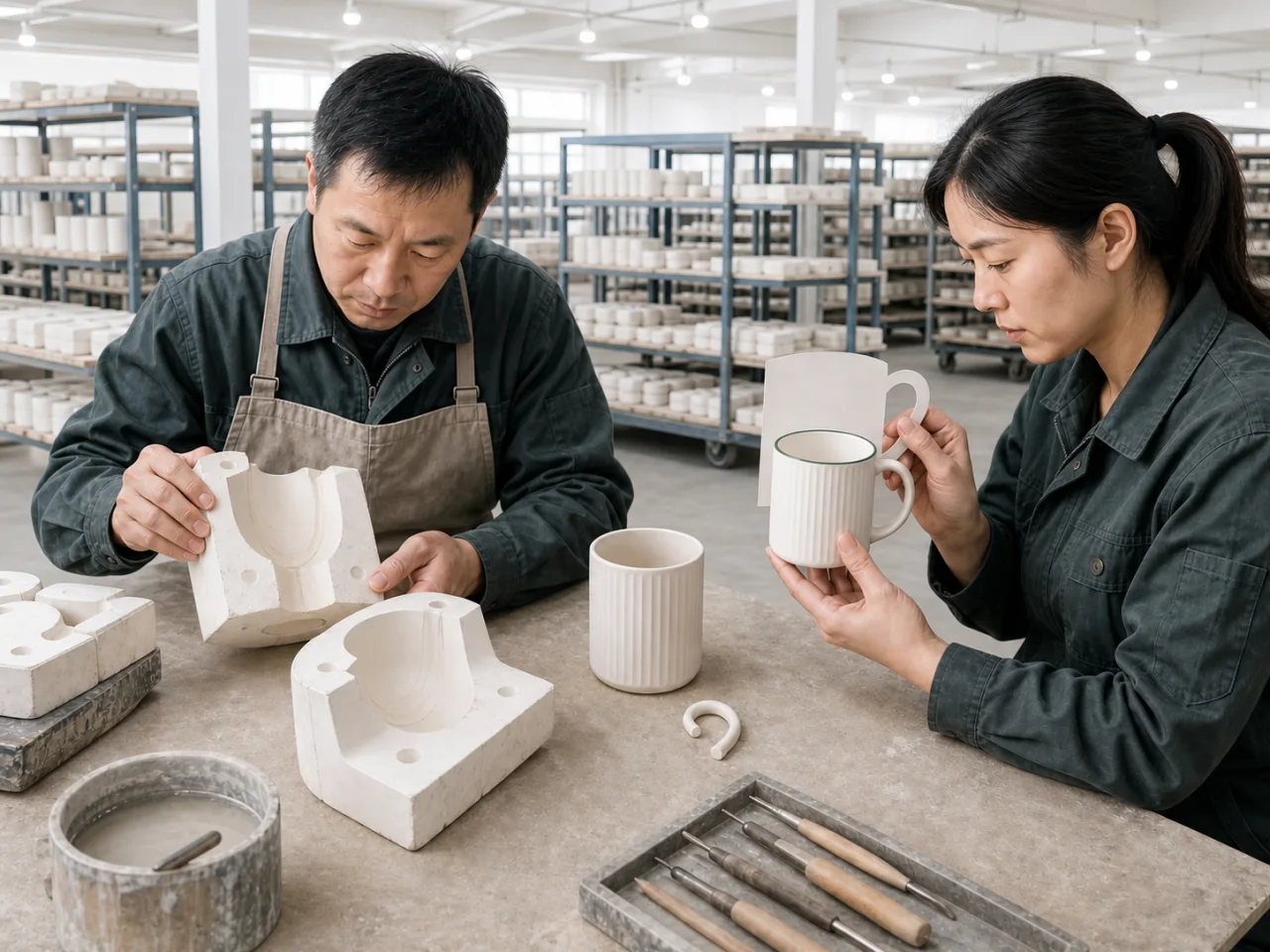 Ceramic factory technicians in work uniforms develop the mold and check the physical porcelain sample in a bright production workshop