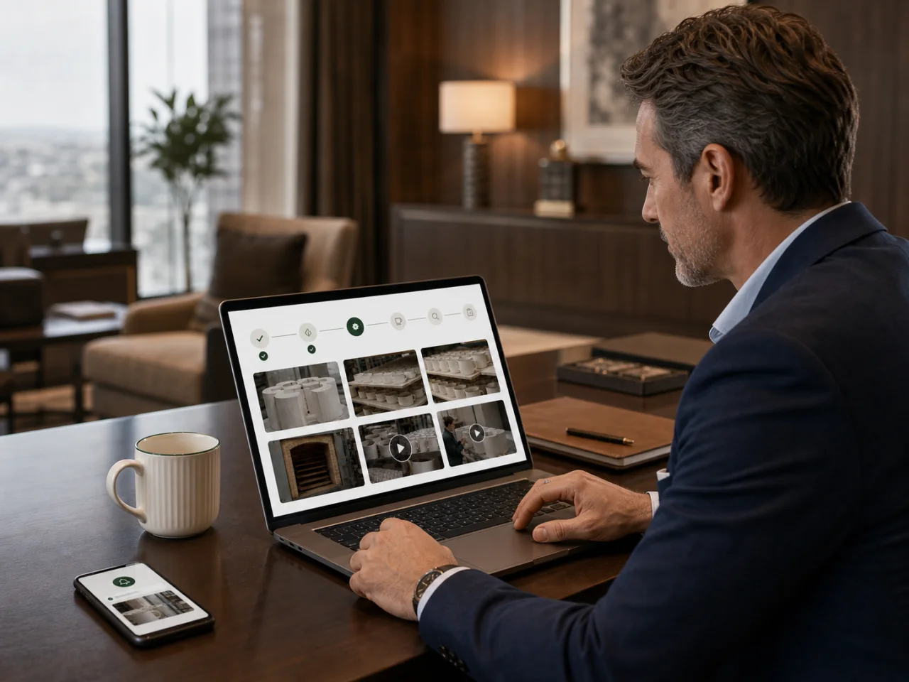 A hotel manager views the current production stage, factory photos, videos, and an automatic notification from a hotel office