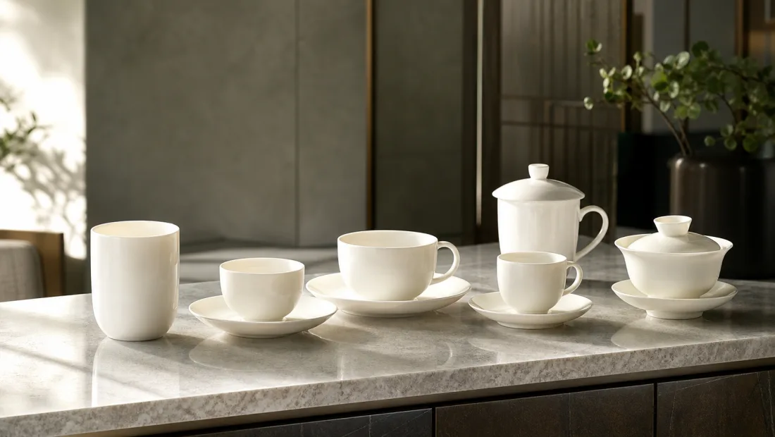 Coordinated white porcelain beverage service with tumblers, cups, and pots