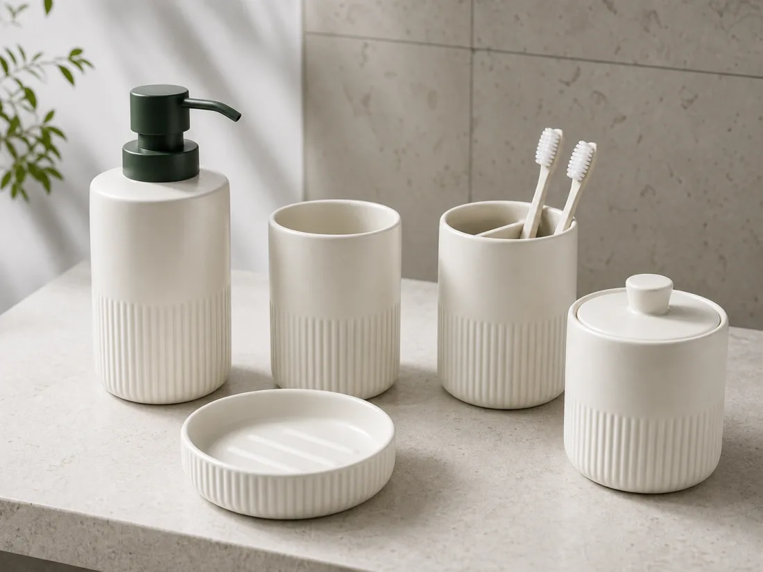 White ribbed porcelain bathroom amenity set