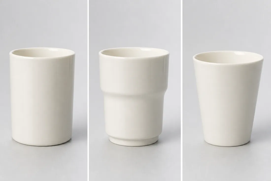 Three white porcelain water tumbler shapes