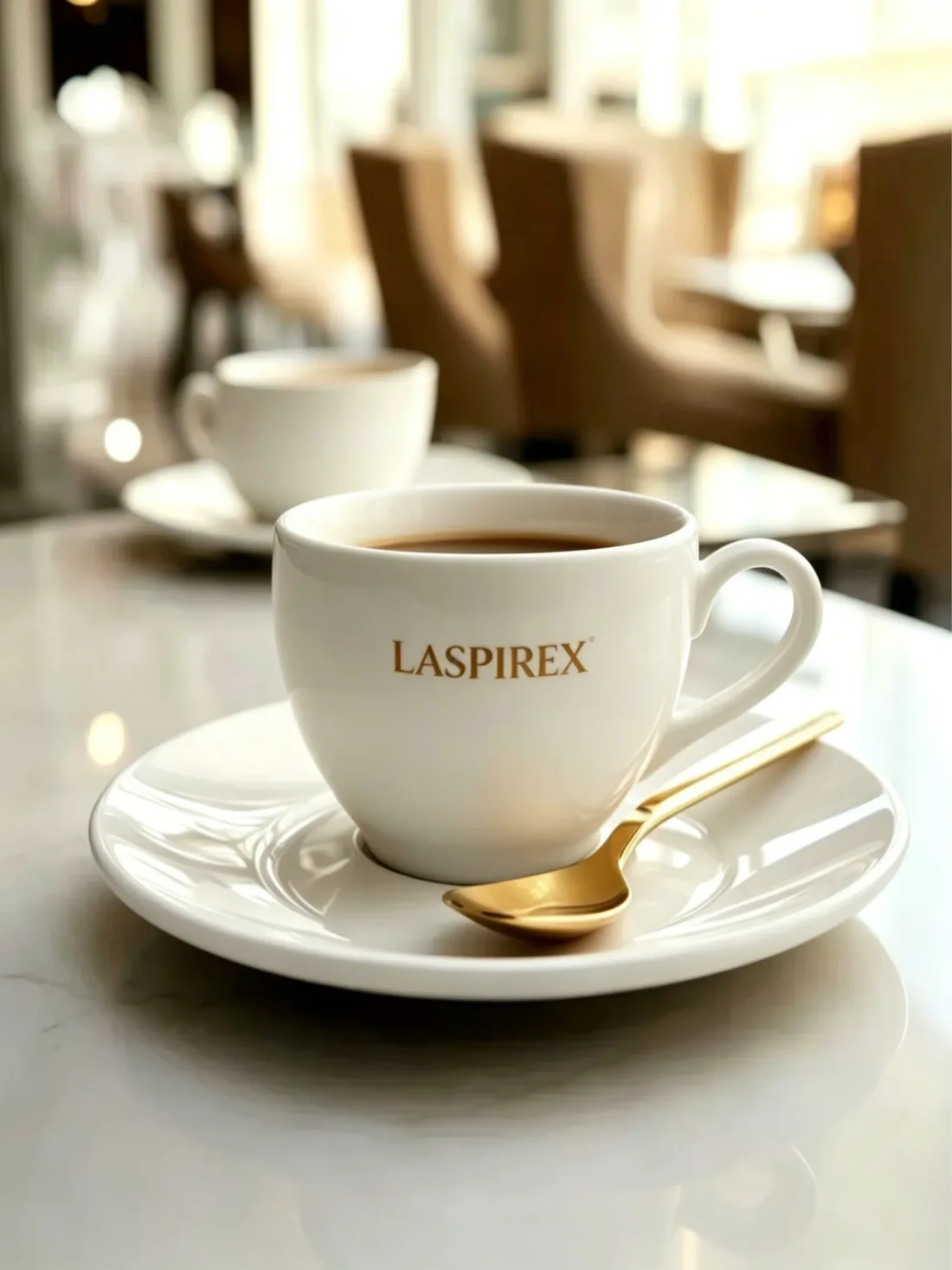 Branded porcelain coffee cup and saucer in a hotel café setting