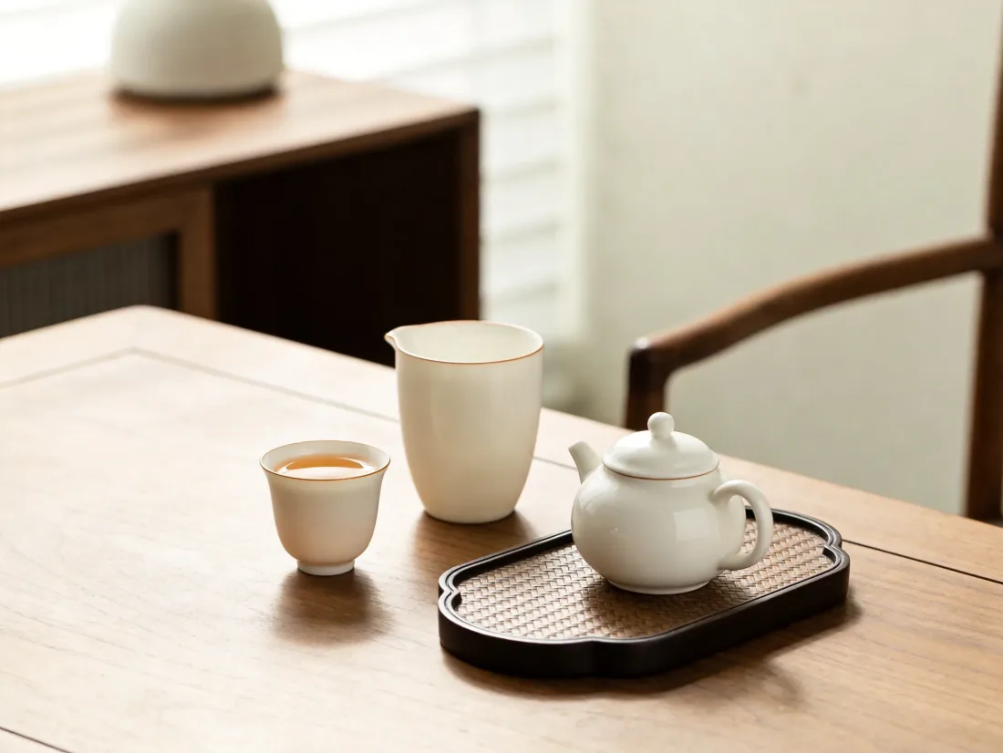 Porcelain tea pot, cup, and sharing pitcher arranged on a hospitality table