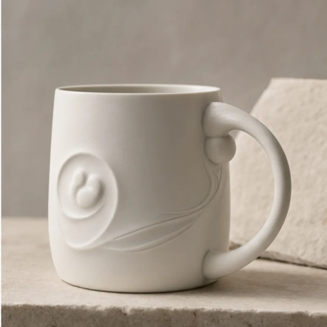 Porcelain mug with sculptural relief and an expressive handle
