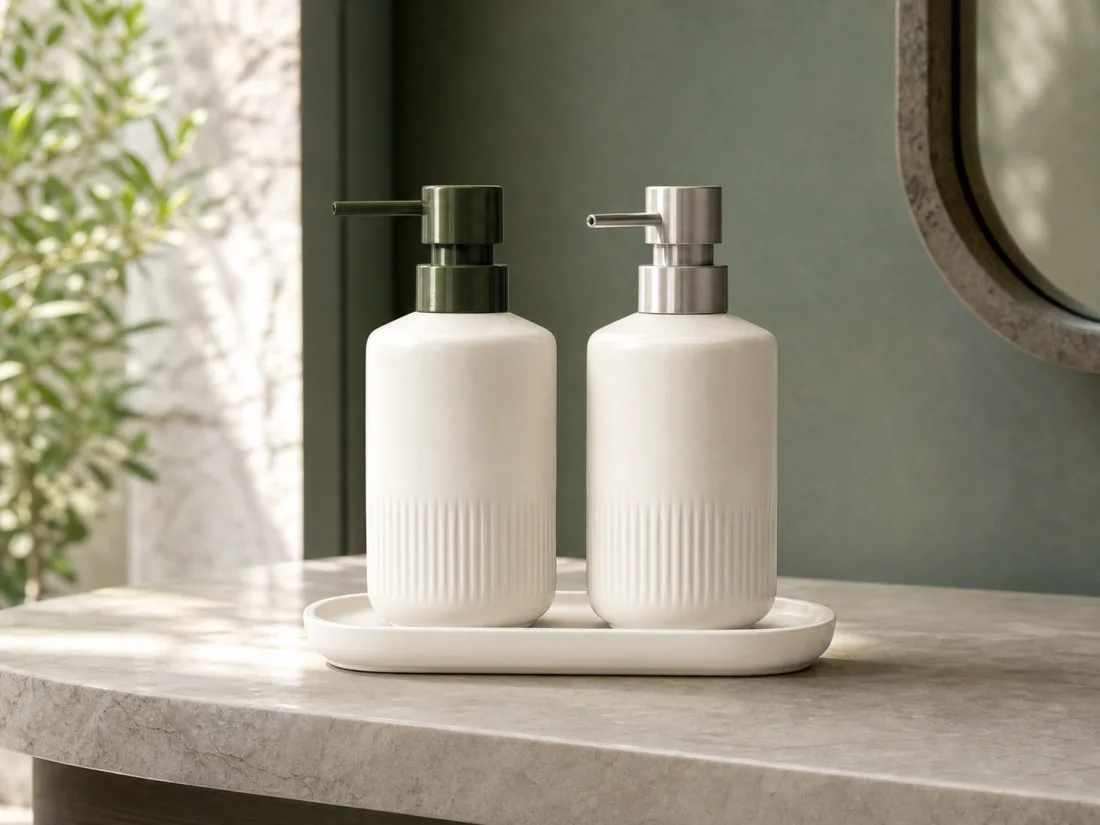 Pair of ribbed white porcelain vanity dispensers on a tray