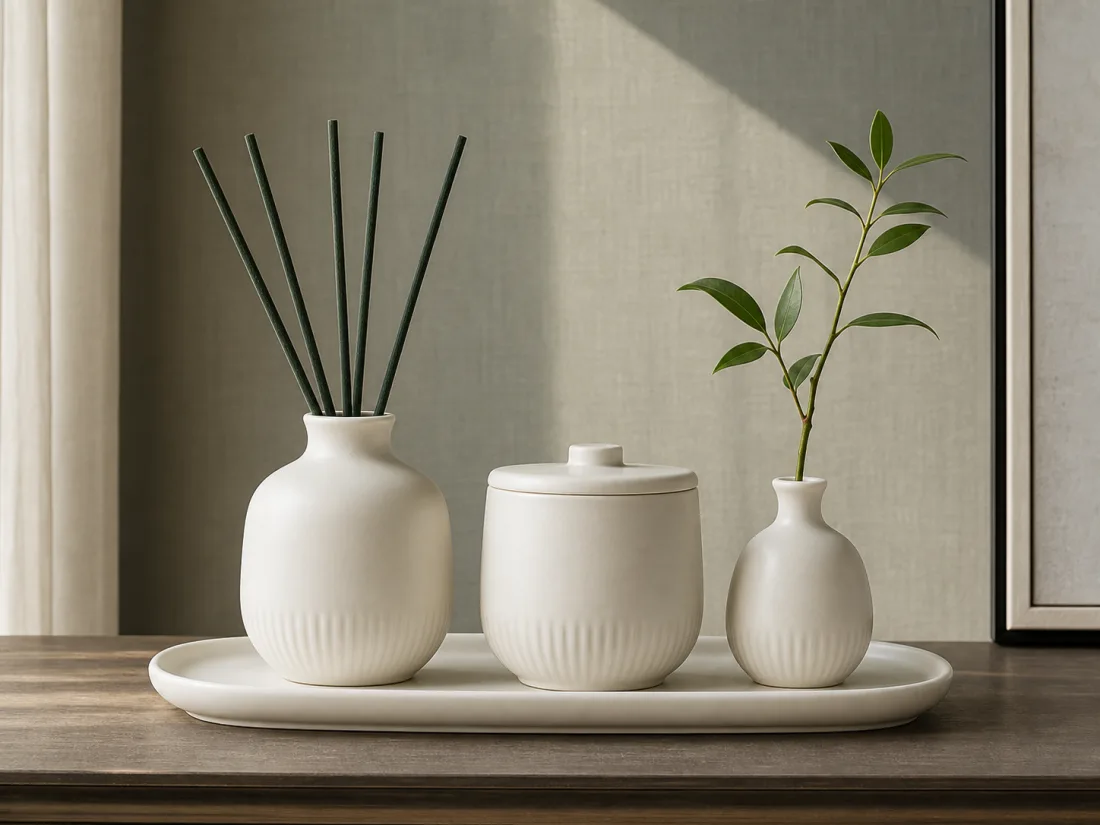 Coordinated porcelain diffuser, lidded storage, vase, and tray