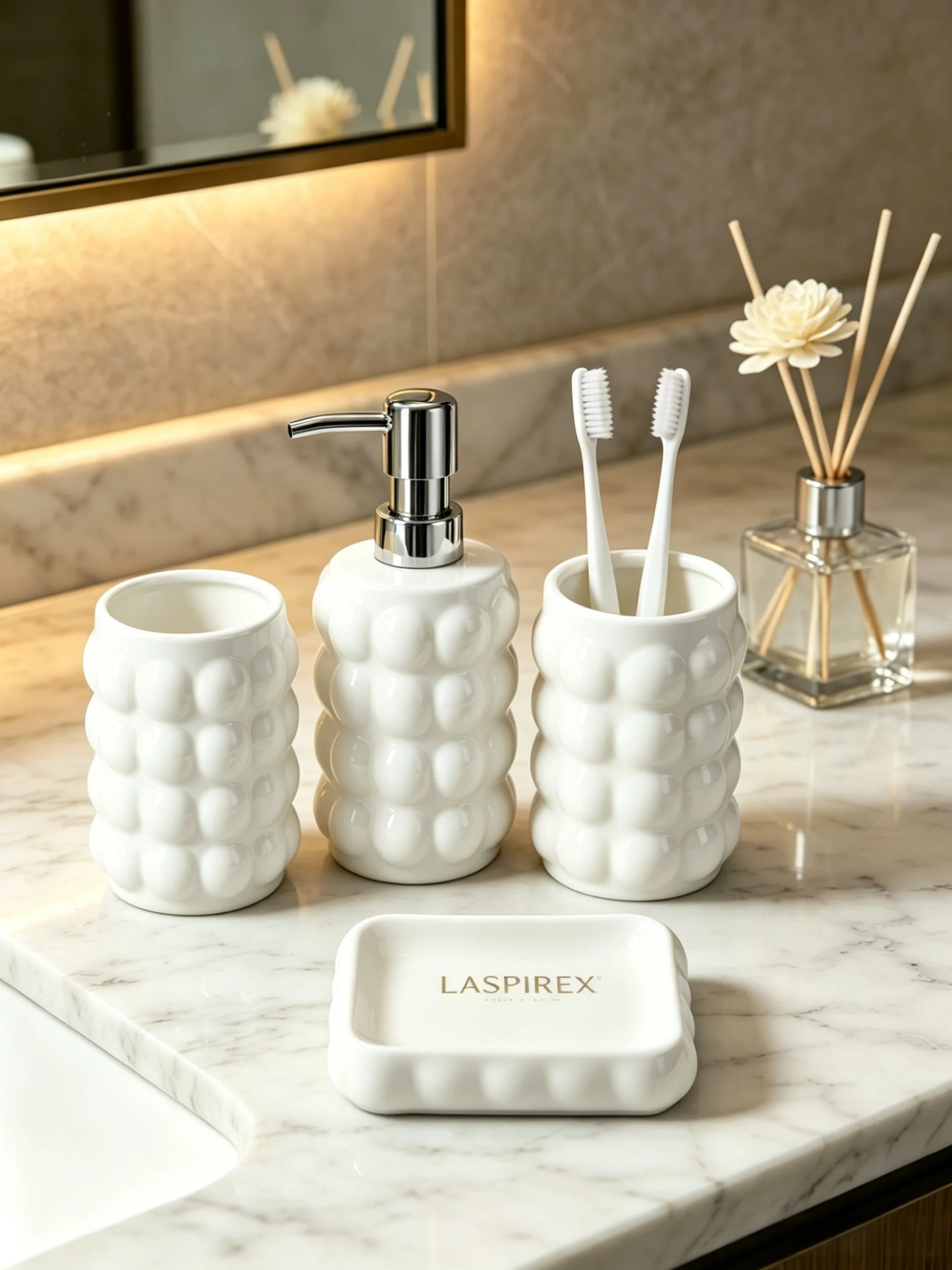 Styled porcelain bathroom amenity collection on a hotel vanity
